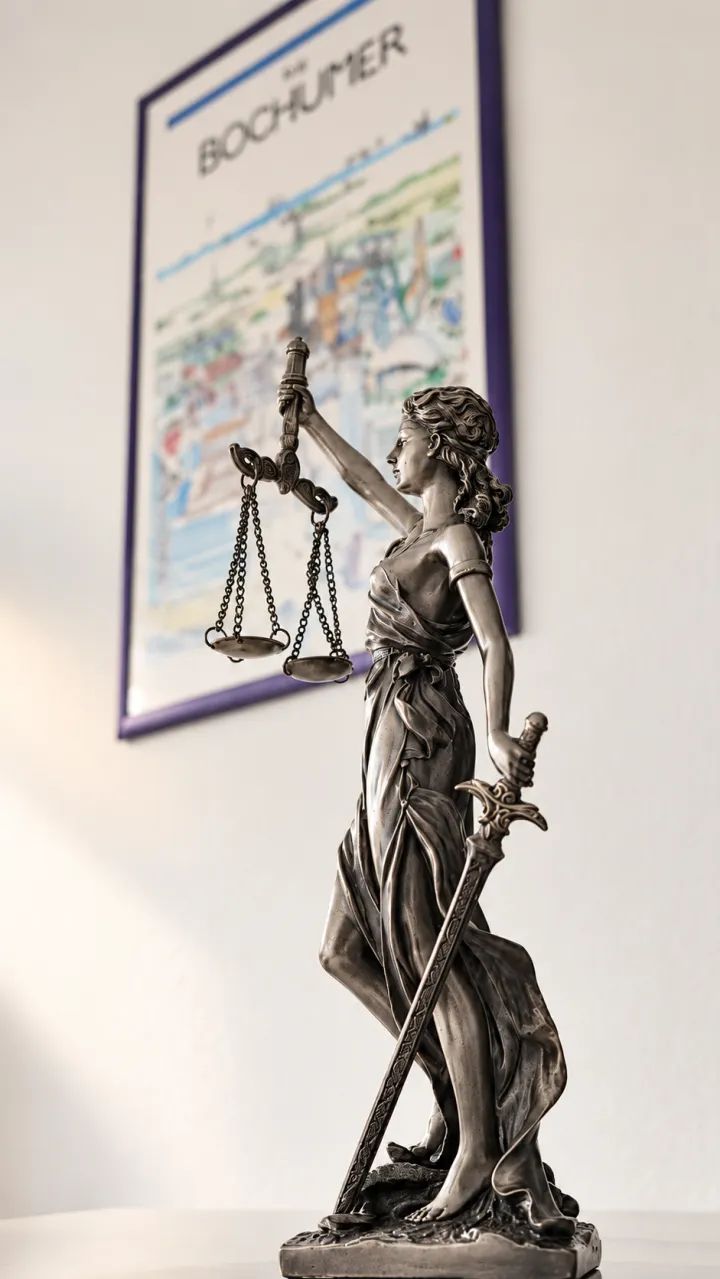 Justitia heykeli ve arka planda Bochum posteri
